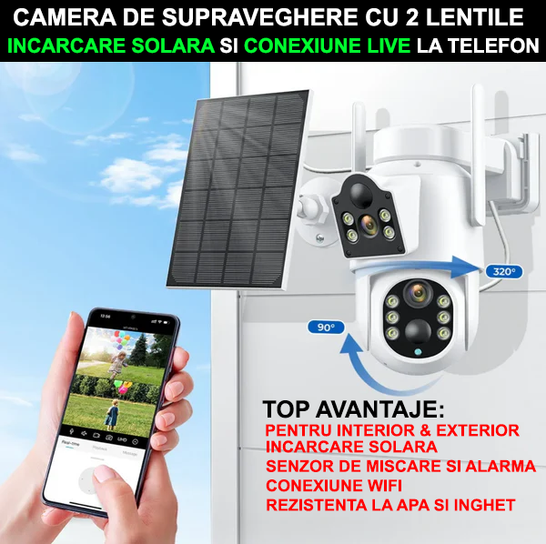 Camera de supraveghere JORTAN cu 2 lentile rotative, conexiune WiFi si INCARCARE SOLARA