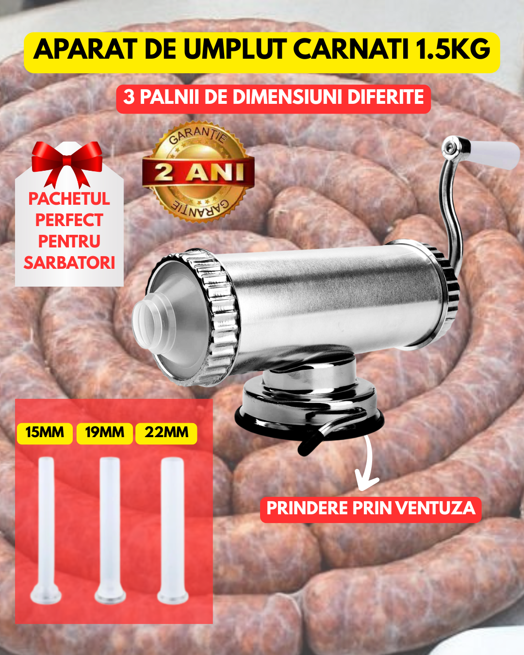 Aparat De Umplut Carnati, Orizontal, 3 Palnii Dimensiuni Diferite, Aluminiu Rezistent, 1.5 Kg Capacitate