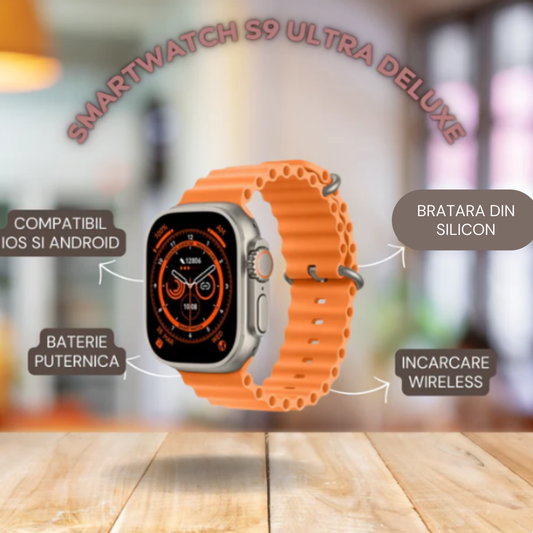 Ceas Smartwatch S9 Ultra, Deluxe Edition, Incarcare Wireless, Notificare Apel, Ritm Cardiac, Monitorizare Somn cu  Bratara din Silicon