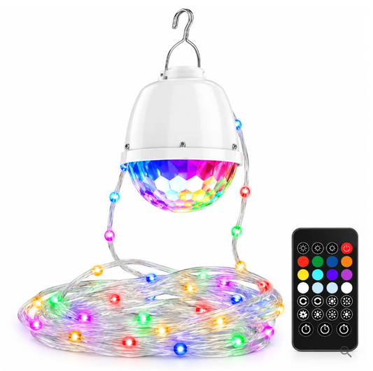 1+1 CADOU: Instalatie LED Decorativa Visuron® cu Clopotel RGB Multicolor, Telecomanda, Efecte Luminoase si Mod Muzical – pentru Brad si Decoratiuni
