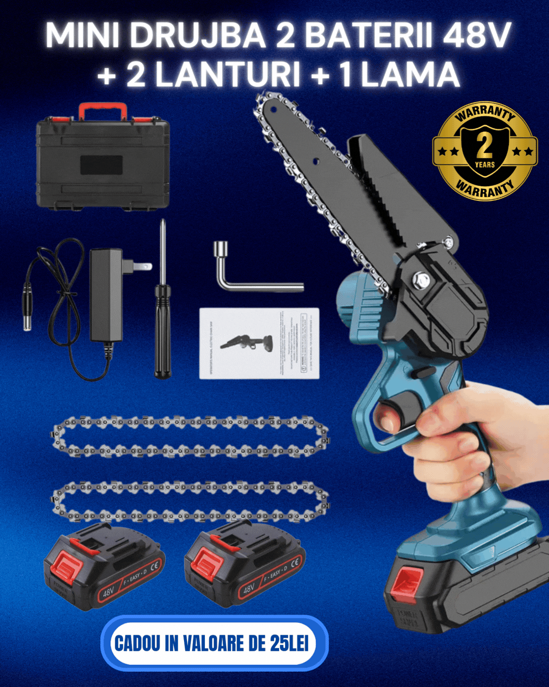 Mini Fierastrau Electric Cu 2 x Baterie 48V+ 2 x Lant + 1 x Lama, 6 Inch + CADOU SURPRIZA + GEANTA de depozitare