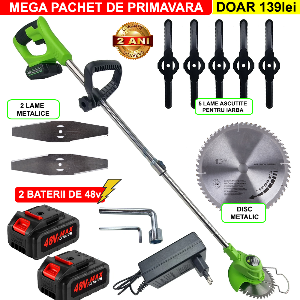 Motocoasa Gospodarul Eficient® Cu 2 BATERII de 48V, Putere 800W, Cu Brat Extensibil, Pentru Gazon, 8 Lame Diferite