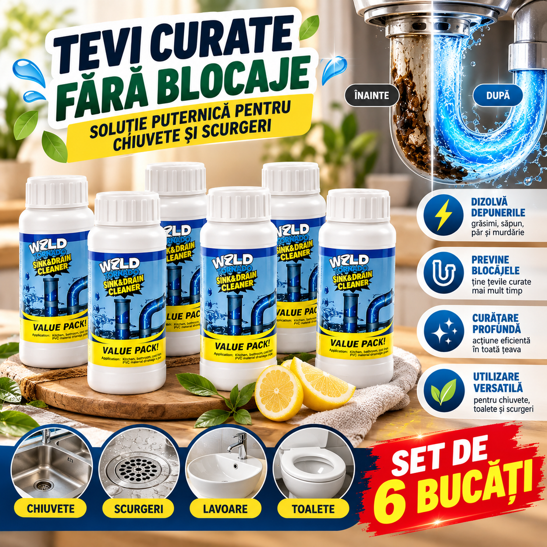 Set  6 Bucăți : Pulbere de curățare puternică pentru chiuvete și scurgeri