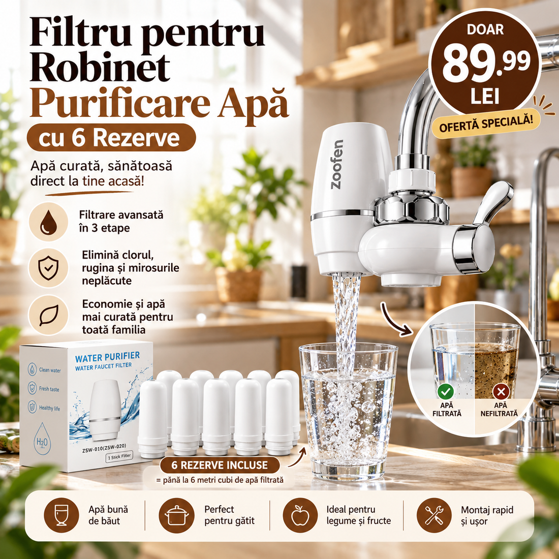 Filtru pentru Robinet Purificare Apă cu 6 Rezerve