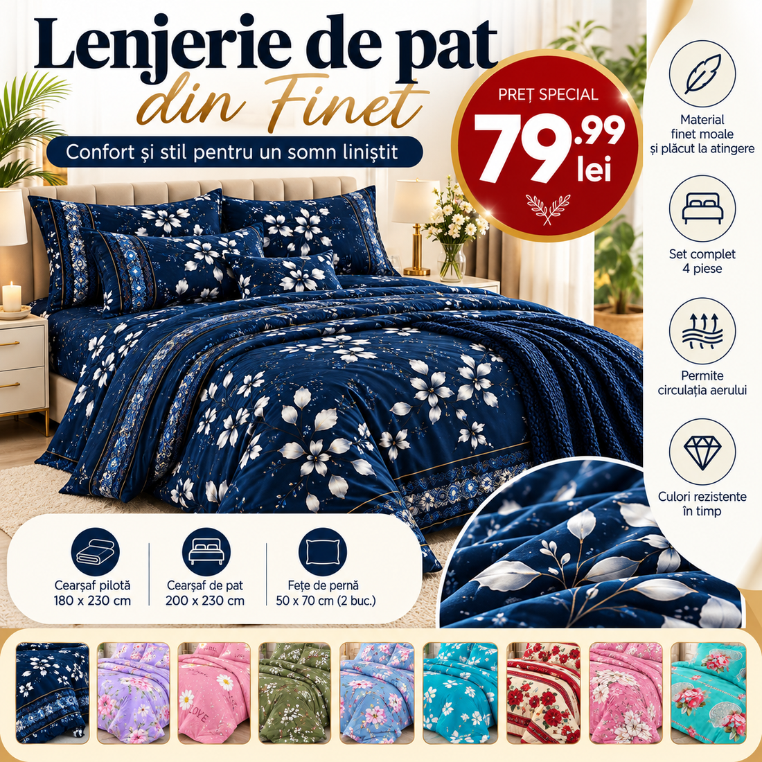 Lenjerie de Pat din Finet, Set Complet 4 Piese, Material Moale si Placut la Atingere, Diverse Modele