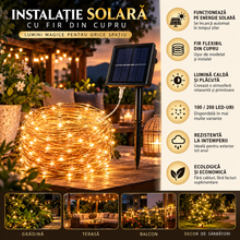 MEGA OFERTĂ 1+1 GRATIS – Instalatie Luminoasa Solara, Fir Flexibil din Cupru, Lumini LED Stralucitoare, Panou Solar, Ideala pentru Grădina, Terasa, Balcon si Decoratiuni Exterioare