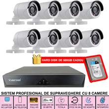 Sistem Supraveghere 8 Camere HD, Senzor Miscare, Conexiune PC/Telefon, Interior/Exterior + Hard Disk 500 GB CADOU