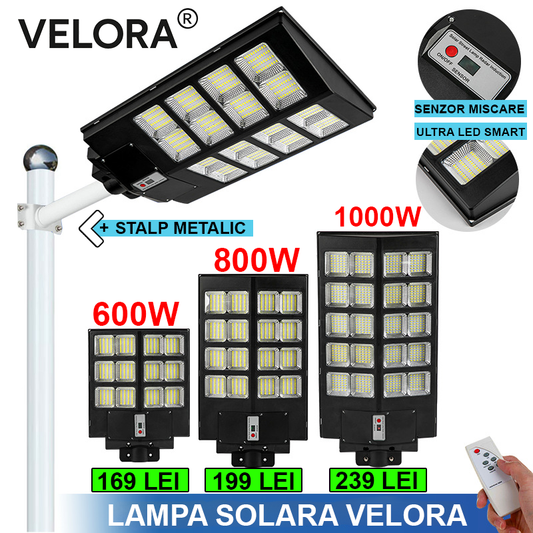 Lampa Stradala Cu Incarcare Solara VELORA, Panou Solar Integrat,  Putere Mare 1000W + Stalp De Sustinere CADOU + Accesorii+ Lampa Solara 100x Led CADOU