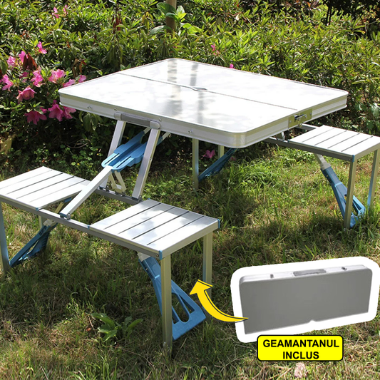 Masa Pliabila, Tip Geamantan, Cu 4 Scaune si Suport Umbrela, Din Aluminiu