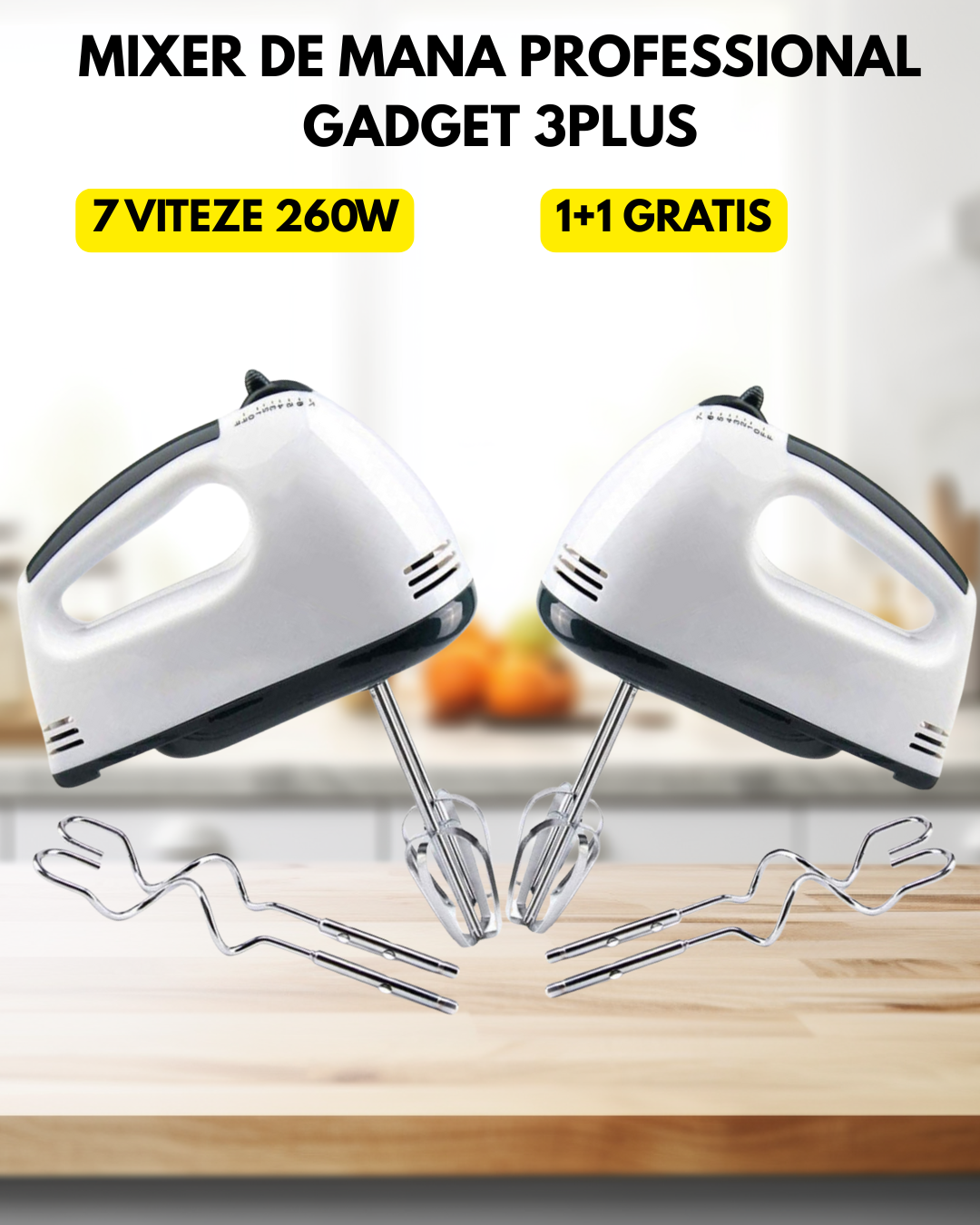 1+1 GRATIS: Mixer De Mana Profesional Gadget 3 Plus, 7 Viteze ,Inox ,  260W + CADOU SURPRIZA