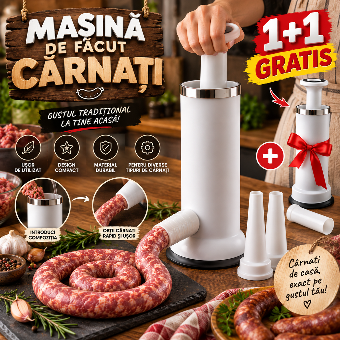 1+1 GRATIS: Masina manuala de facut carnati, design compact, utilizare multifunctionala, material durabil
