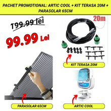 PACHET PROMO: Ventilator Portabil Arctic Cool 360° Cu Apa + Sistem Racire Terasa  Cu Vapori de Apa 20m + Parasolar Auto Tip Acordeon