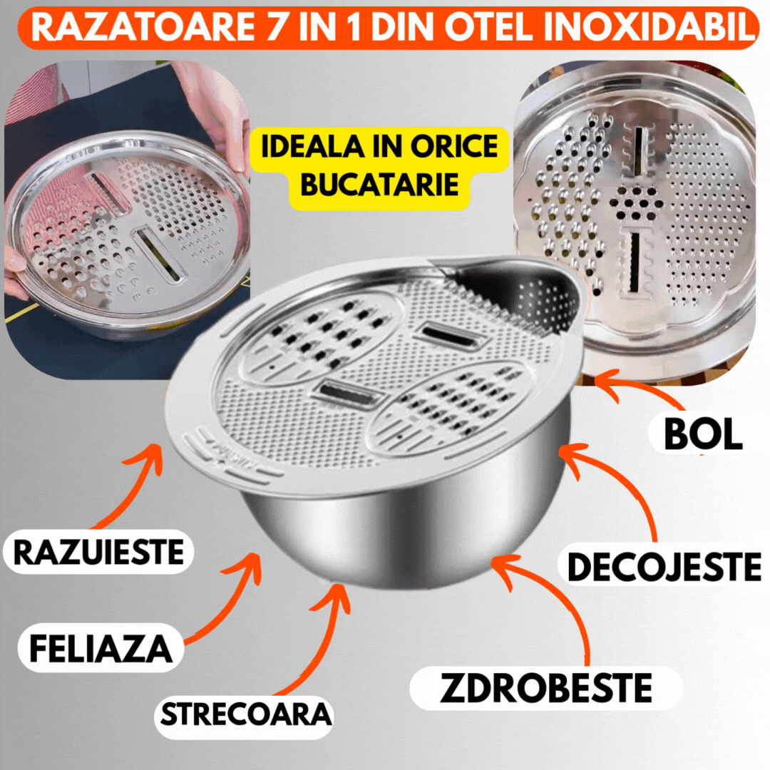 Razatoare Multifunctionala 7 In 1 Din Otel Inoxidabil Ideala Pentru Feliere, Razuire, Scurgere Si Depozitare