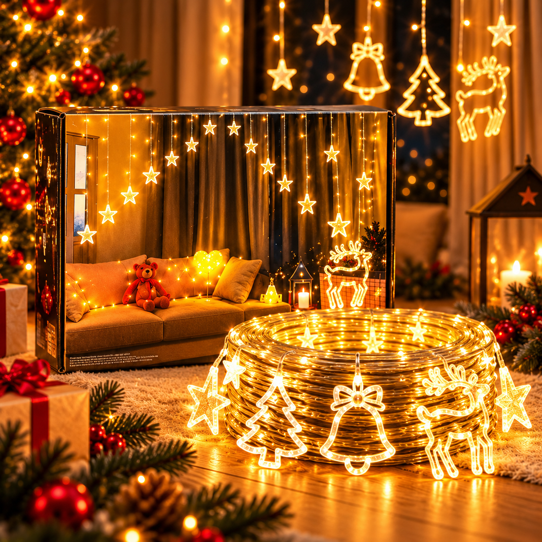Perdea Luminoasa Craciun LED Cu Figurine Festive, 138 LED-uri, 8 Moduri, Interconectabila, Interior/Exterior