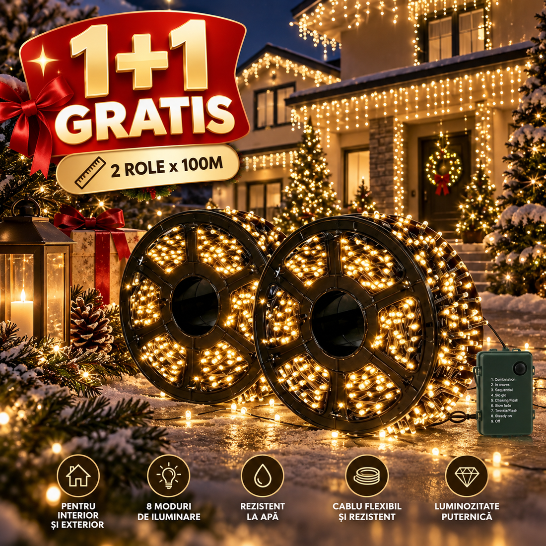 1+1 GRATIS: Instalatie de Craciun Liniara, Interior/Exterior, Rola 100 m, 8 Jocuri de Lumini