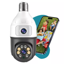 Camera Inteligenta De Supraveghere, cu 2 Lentile,  Tip Bec, Conexiune Wifi, Aplicatie Telefon si Microfon Incorporat + Card 32GB Cadou