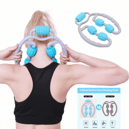 Aparat Manual Pentru Masaj Muscular, 5 Role, Brate, Umeri, Picioare, Solduri, Gri/Albastru + 10 plasturi Kinoki CADOU
