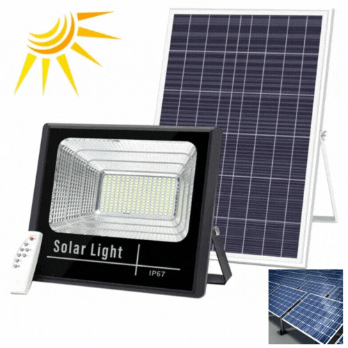 1+1 GRATIS: Proiector LED Cu Panou Solar VELORA , 50W, Control Prin Telecomanda, Senzor Crepuscular + Accesorii