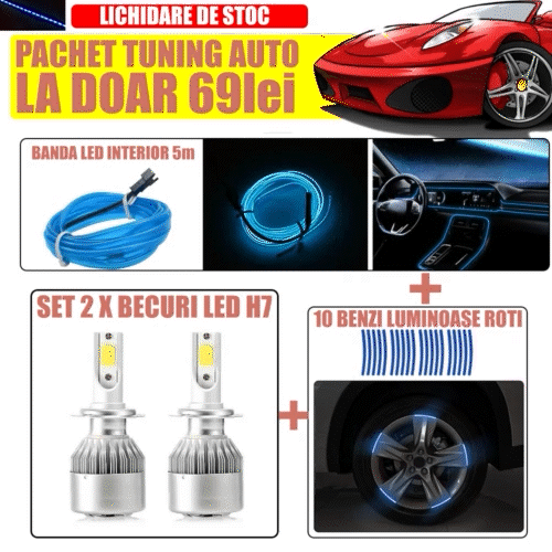 Pachet Complet Auto: 1 x Set LED-uri H7 + 1 x Banda Auto 5m + 20 x Benzi Luminoase Roti