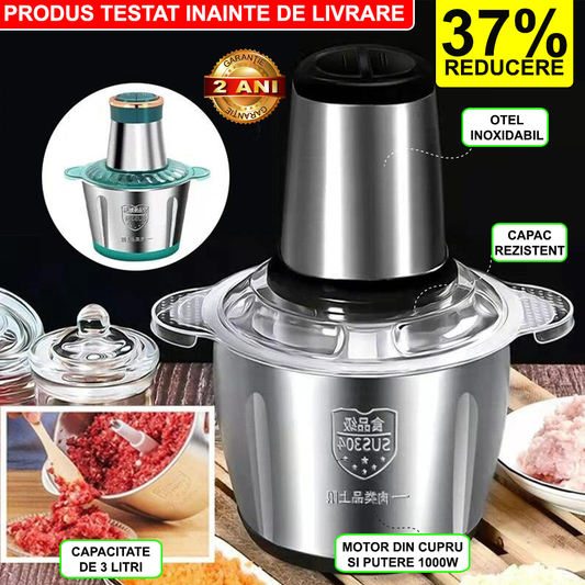 Tocator Electric Multifunctional, Pentru Carne, Fructe si Legume, Bol Din Inox, Capacitate 3L, 4 Lame Din Inox, 300W Putere
