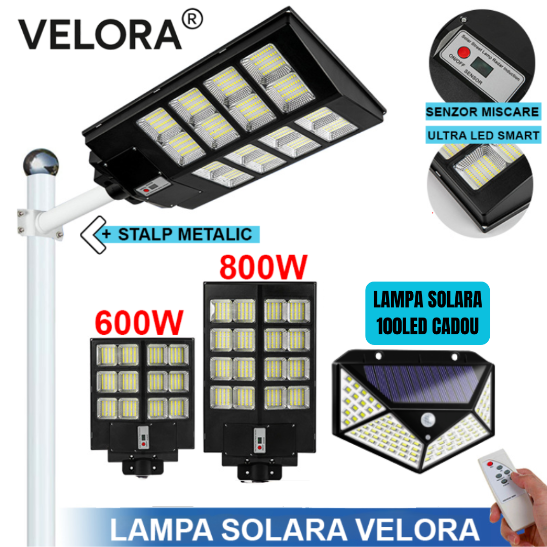 Lampa Stradala Cu Incarcare Solara VELORA, Panou Solar Integrat,  Putere Mare  + Stalp De Sustinere CADOU + Accesorii+ Lampa Solara 100x Led CADOU