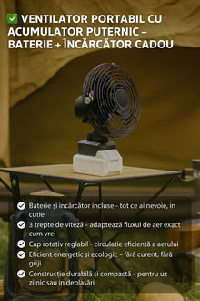 Ventilator Portabil Cu Acumulator Puternic – Baterie 96V + Încarcator CADOU