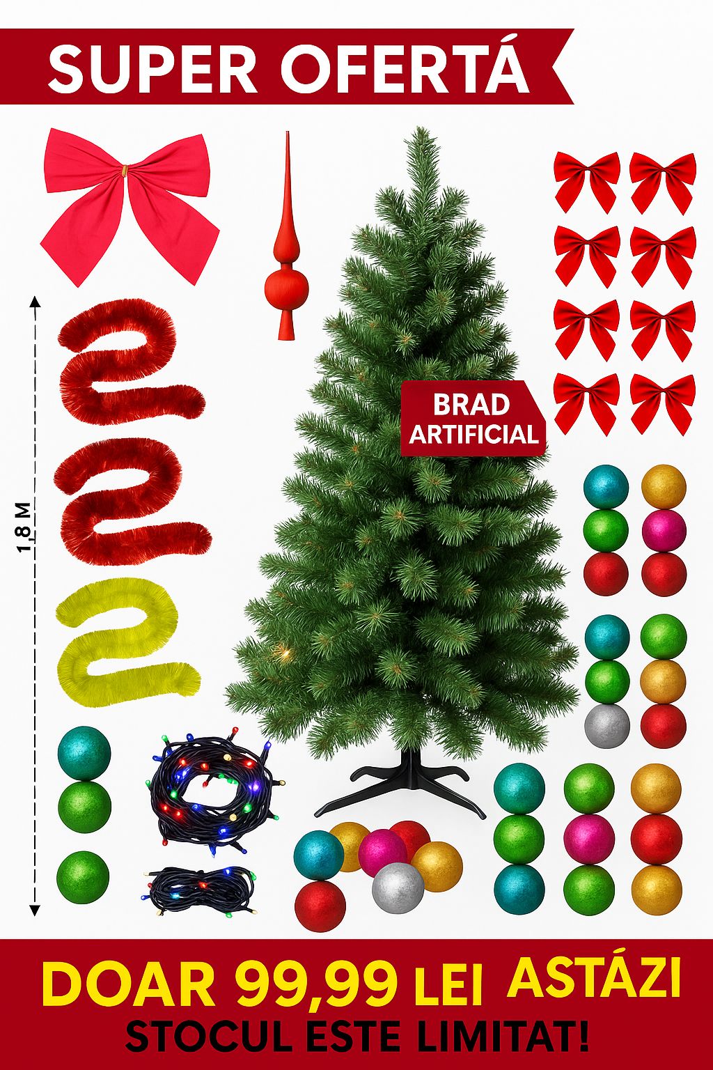 Brad Artificial De Craciun, Cu 45 De Accesorii Pentru Impodobit, 1.8 m Inaltime + Instalatie 10 m CADOU