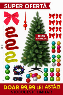 Brad Artificial De Craciun, Cu 45 De Accesorii Pentru Impodobit, 1.8 m Inaltime + Instalatie 10 m CADOU