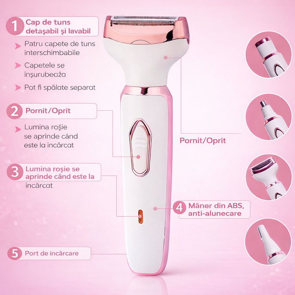 Epilator 4 in 1 pentru Fata si Corp: Reincarcabil USB 4 Capete Interschimbabile