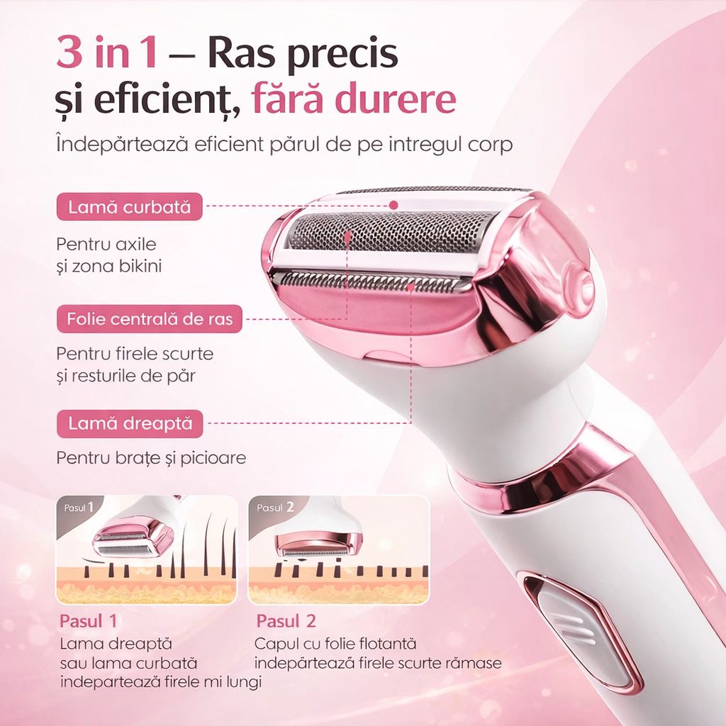 Epilator 4 in 1 pentru Fata si Corp: Reincarcabil USB 4 Capete Interschimbabile