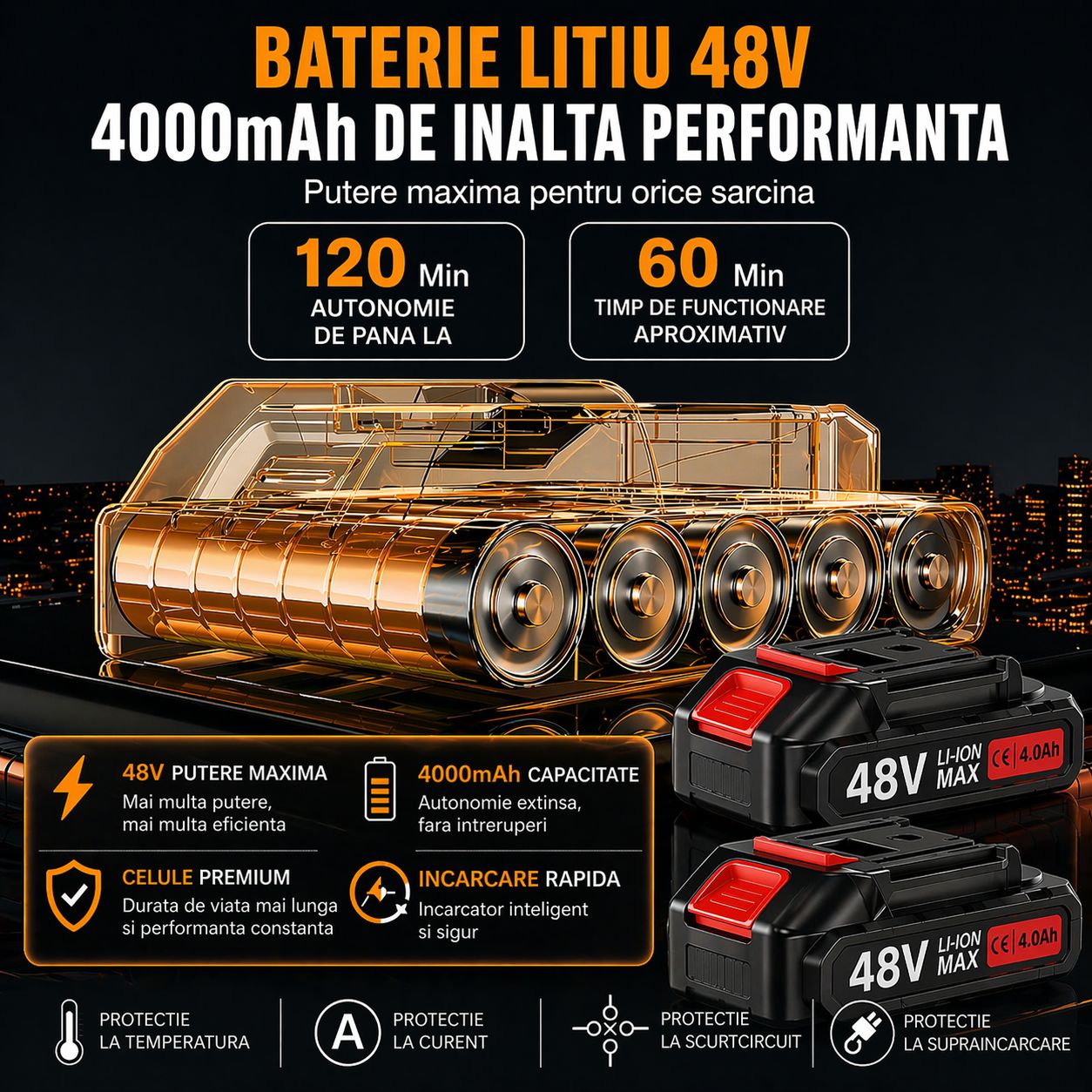 Motocoasa Electrica Profesionala Cu Roti Cu 2 Acumulatori 48V, 4000mAh, 1800 RPM 3 Tipuri De Lame Putere Mare Reglabila Si Portabila