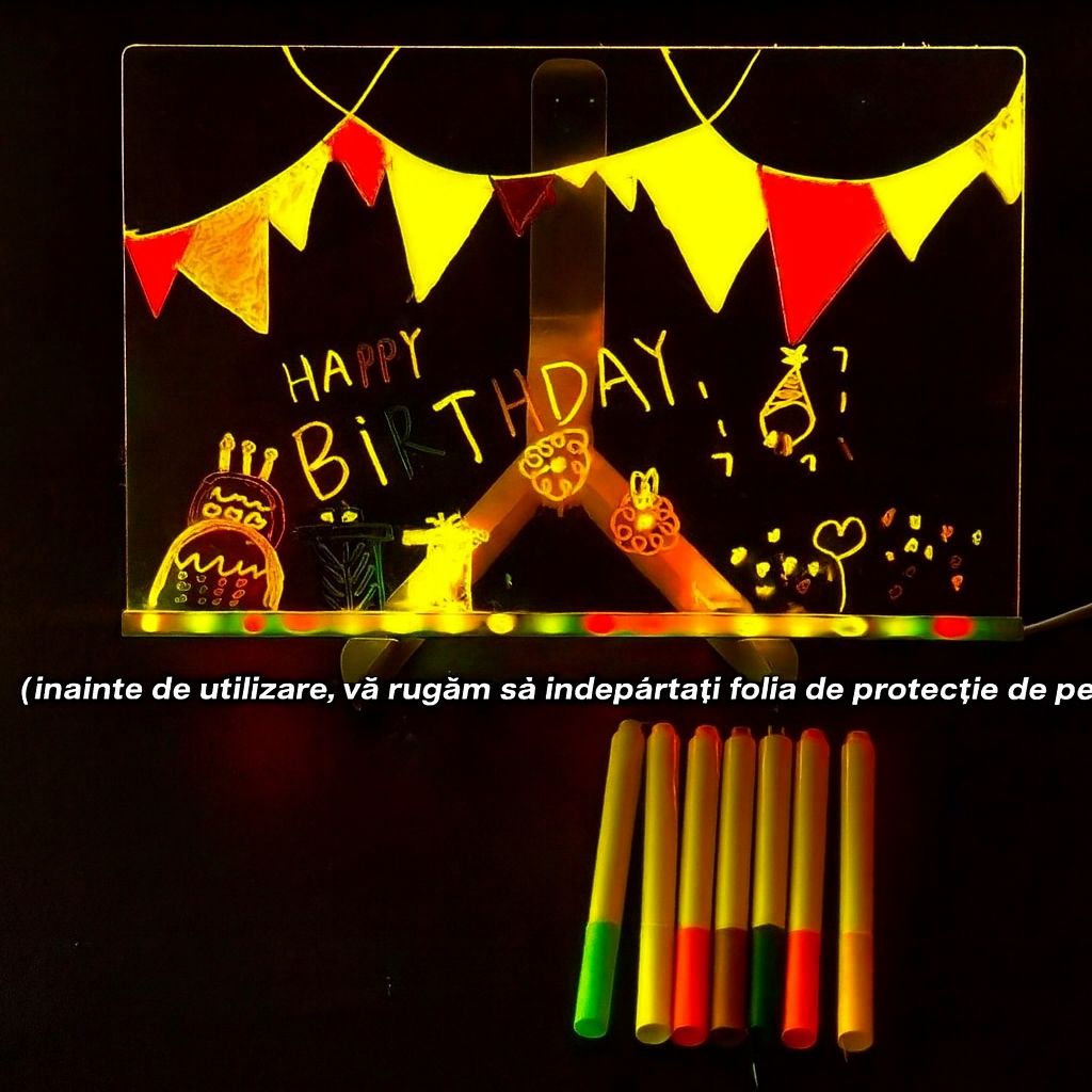 Tabla Luminoasa De Desenat LED Cu Laveta De Curatare + 7 Markere Color Neon Cadou