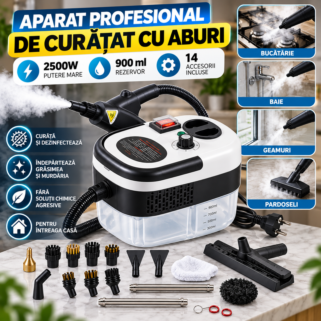 Aparat Profesional de Curățat cu Aburi STEAM FORCE PRO™ – 2500W, Rezervor 900 ml