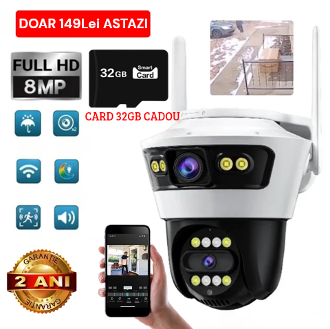 Camera Smart Jortan, Conexiune Wifi, 2 Lentile,  Vizualizare Live In Aplicatie, Interior/Exterior, IP66 Protectie+ CADOU Card 32GB