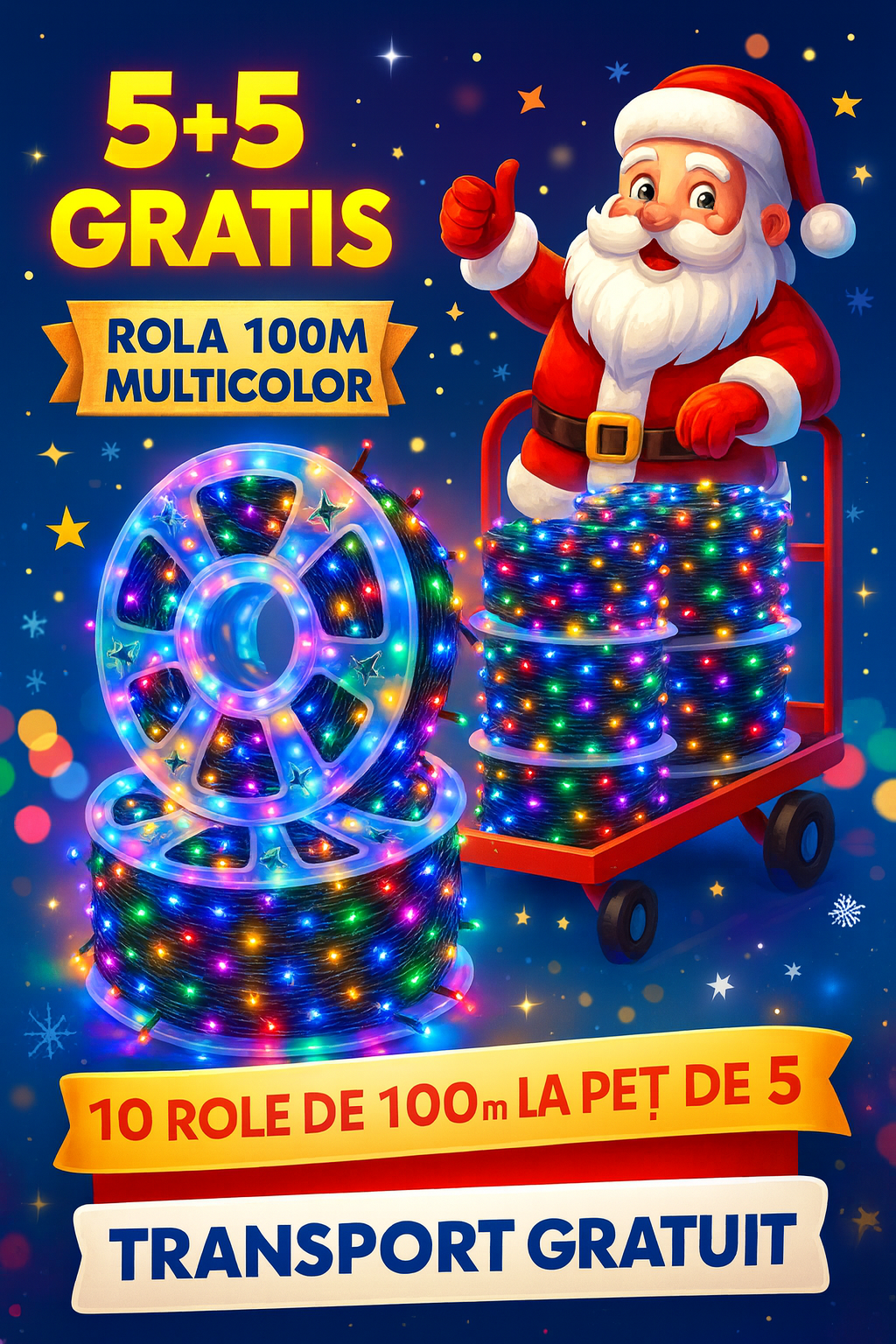 5+5 GRATIS: Instalatie De Craciun, Tip Rola, Cu 1000 LED-uri Mari, Interior sau Exterior, Rezistenta La Vreme Rea, 100 m, Multicolor + Transport GRATUIT