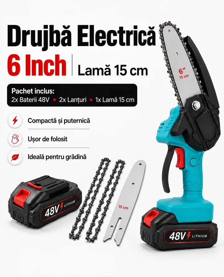 Drujba Electrica 6 Inch + 2x Baterii 48V + 2x Lanturi + 1x Lama 15 cm + Cutie Depozitare Cadou
