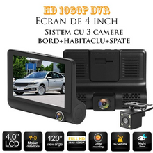 Camera auto TRIPLA Full HD cu monitor de 4 INCH pentru bord  si unghi larg de filmare de 170 grade + card 64 gb CADOU
