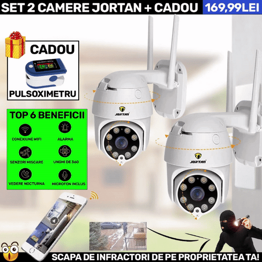 SET 2 X Camera Smart Color Jortan Wifi, IP Vizualizare Live Prin Aplicatie, Senzor de Miscare + PULSOXIMETRU CADOU
