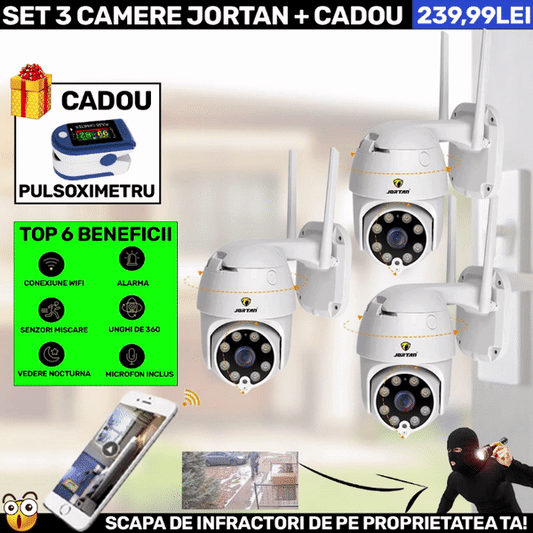 SET 3 x Camera Smart Color Jortan Wifi, IP Vizualizare Live Prin Aplicatie, Senzor de Miscare + PULSOXIMETRU CADOU