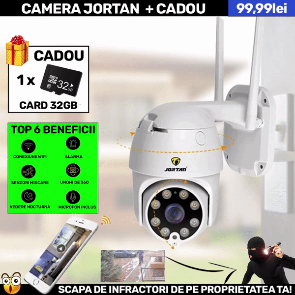Camera Smart Color Jortan Wifi, IP Vizualizare Live Prin Aplicatie, Senzor de Miscare + CARD CADOU, CW1.1