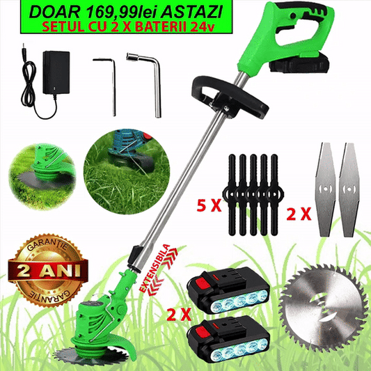 Motocoasa Portabila Cu 2x Acumulatori de 24V, Putere 800W, Cu Brat Extensibil, Pentru Gazon, 8 Accesorii