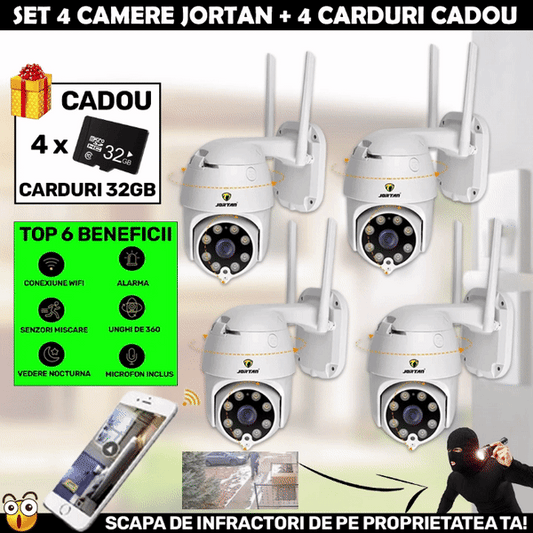 SET 4 X Camera Smart Color Jortan Surveillance4® Wifi, IP Vizualizare Live Prin Aplicatie, Senzor de Miscare + 4 CARDURI CADOU, CW4.4