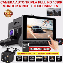 Camera auto TRIPLA Full HD cu monitor de 4 INCH pentru bord  si unghi larg de filmare de 170 grade + card 64 gb CADOU