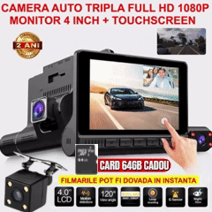 Camera auto TRIPLA Full HD cu monitor de 4 INCH pentru bord  si unghi larg de filmare de 170 grade + card 64 gb CADOU