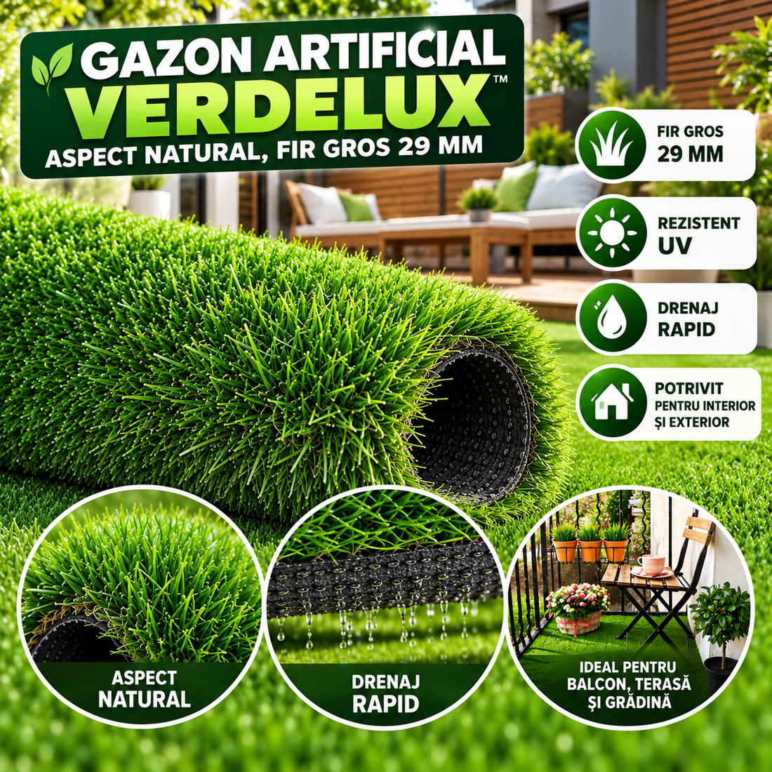 Gazon Artificial VerdeLux™ 29 mm – aspect natural, fir gros și verde tot anul