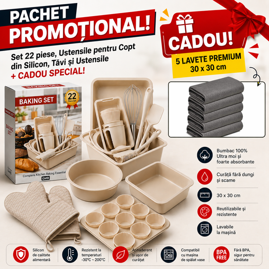 MEGA PACHET: Set Ustensile pentru Copt 22 Piese din Silicon + CADOU 5 Lavete Premium din Microfibră 30x30 cm