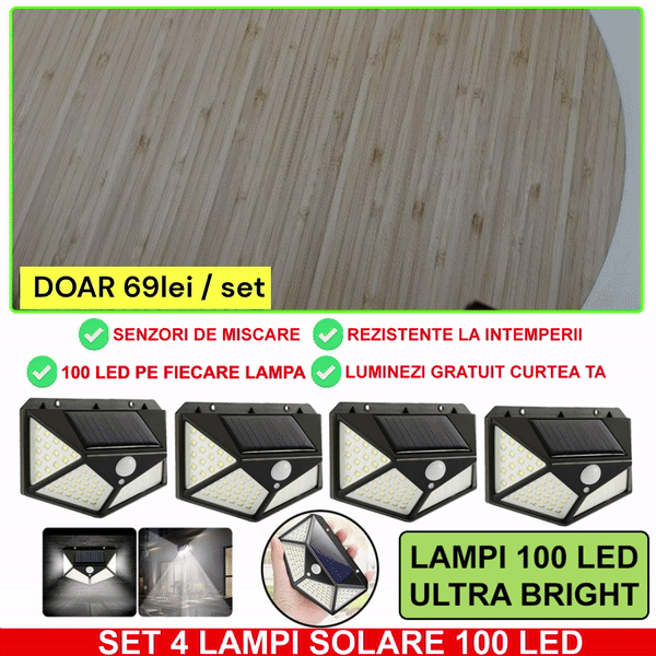 Set 4 Lămpi Solare cu 100 LED-uri 💡 – Iluminat Puternic pentru Curte + Kit de Prindere CADOU 🎁