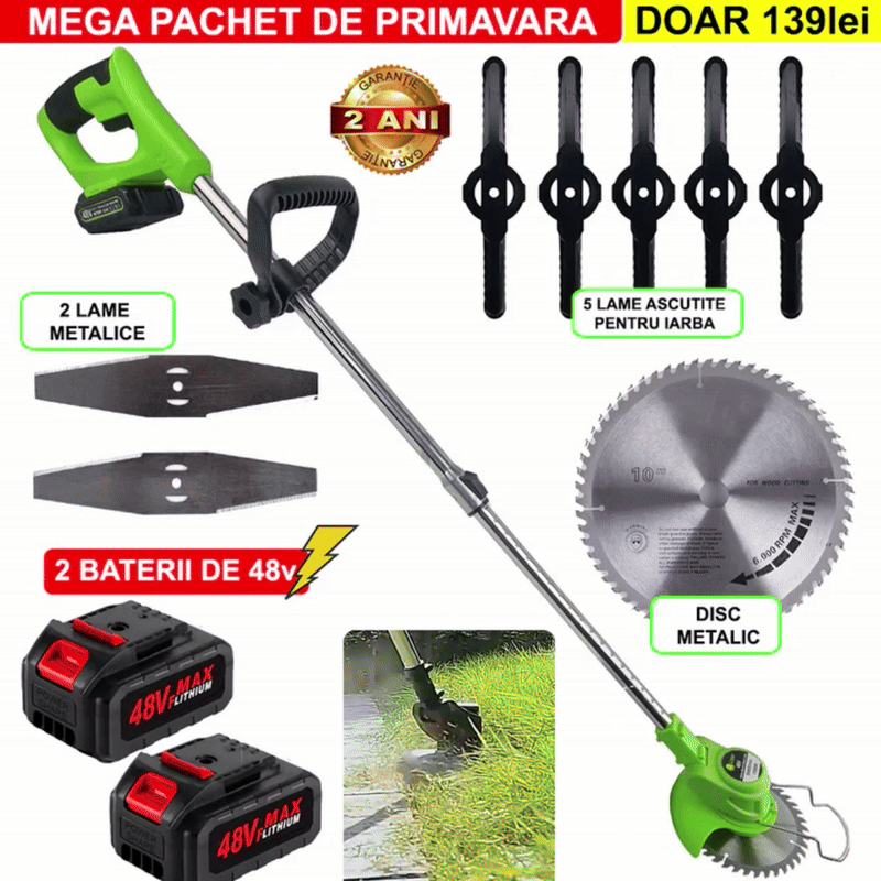 Motocoasa Gospodarul Eficient® Cu 2 BATERII de 48V, Putere 800W, Cu Brat Extensibil, Pentru Gazon, 8 Lame Diferite
