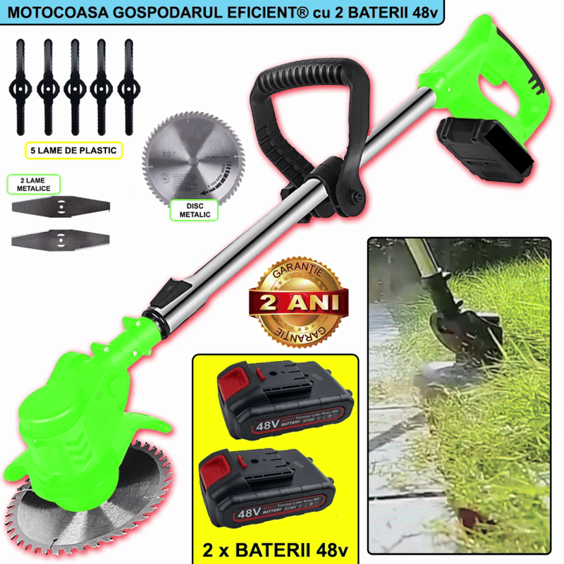 Motocoasa Gospodarul Eficient® Cu 2 BATERII de 48V, Putere 800W, Cu Brat Extensibil, Pentru Gazon, 8 Lame Diferite