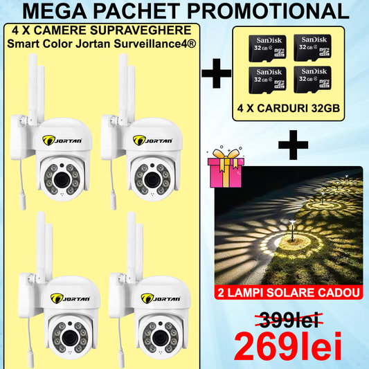 SET 4 X Camera Smart Color Jortan Surveillance4® Wifi, IP Vizualizare Live Prin Aplicatie, Senzor de Miscare + 4 CARDURI CADOU+ 2 x Lampi Solare CADOU CW4.4